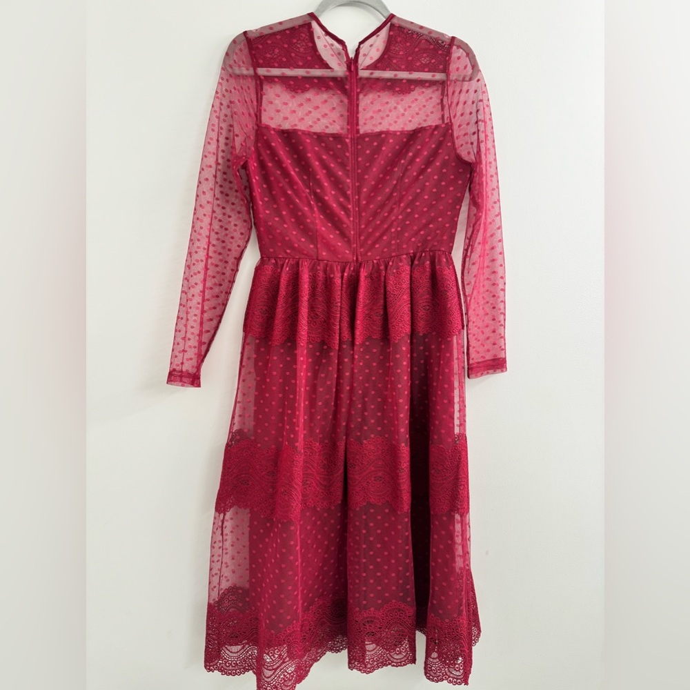 Long sleeved raspberry red lace dress